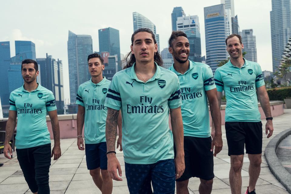 Hector Bellerin and his team-mates model Arsenal’s new third kit
