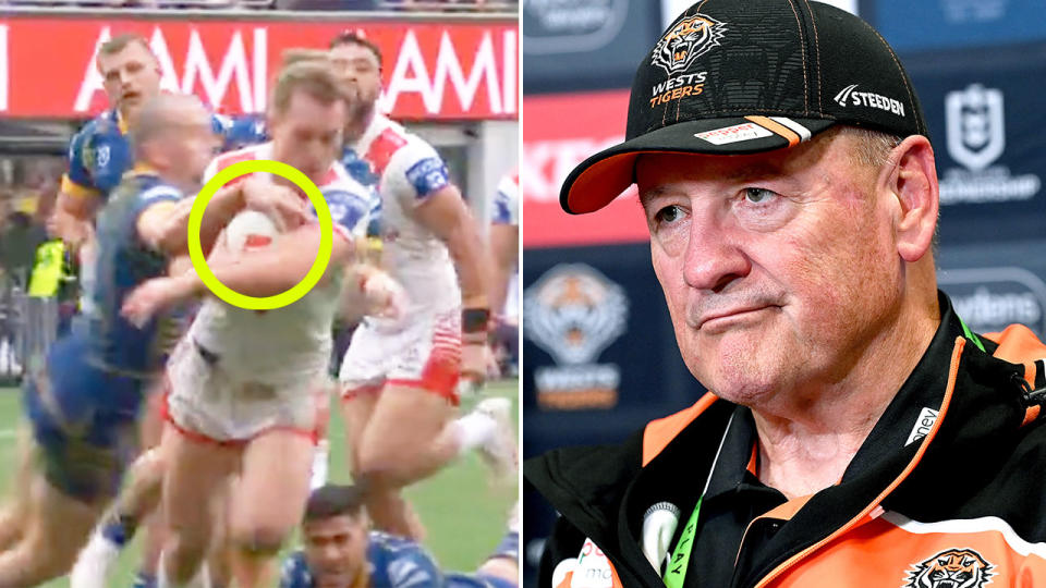 From left to right, a controversial 'no try' to the Dragons in the NRL and Tigers coach Tim Sheens.