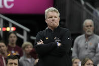 Iowa State head coach Bill Fennelly watches during the first half of an NCAA college basketball game for the Big 12 women's tournament championship Tuesday, March 12, 2024, in Kansas City, Mo. (AP Photo/Charlie Riedel)