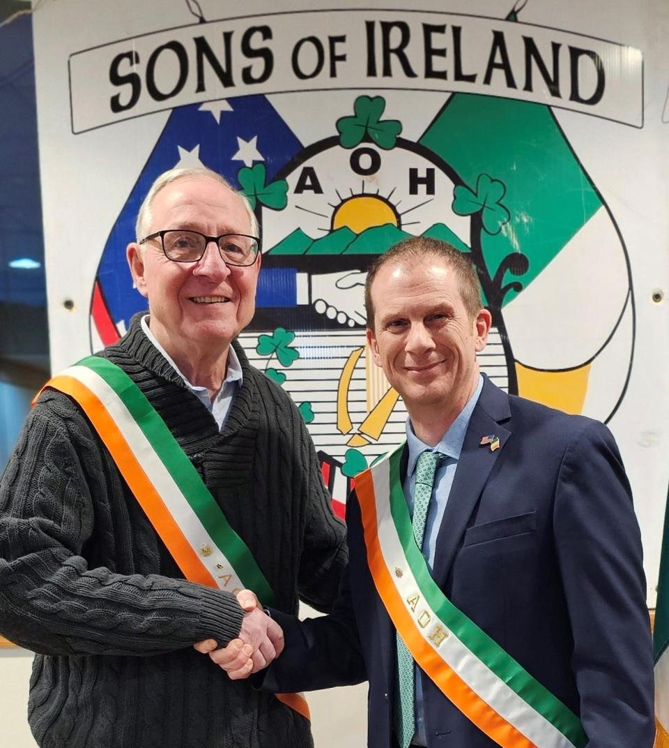 Larry Vetter is congratulated by Mayor John Buckley after the former executive director of the Hornell Housing Authority and long-time community volunteer was named grand marshal of the 2024 Hornell St. Patrick's Day parade. The parade will roll starting at 11 a.m. on Saturday.