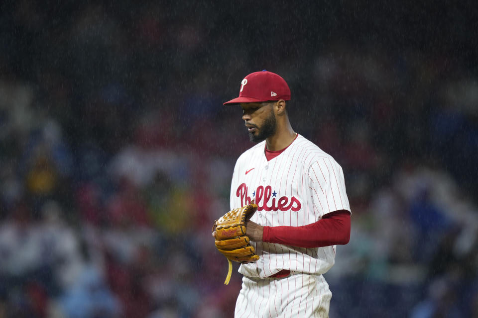 Philadelphia Phillies' Cristopher Sanchez pitches during the seventh inning of a baseball game against the New York Mets, Sunday, Sept. 24, 2023, in Philadelphia. (AP Photo/Matt Slocum)