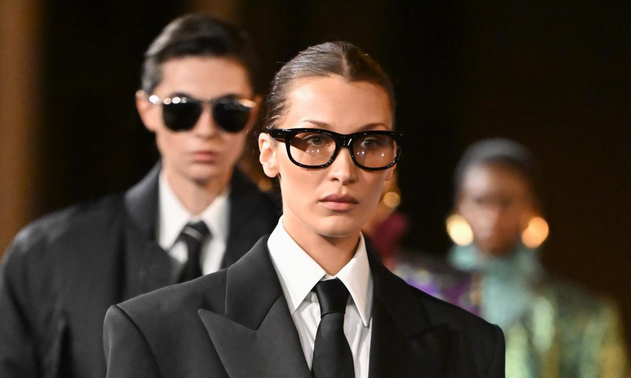 <span>Bella Hadid’s XL suiting at Paris fashion week.</span><span>Photograph: Stéphane Cardinale/Corbis/Getty Images</span>