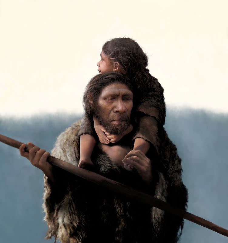 A reconstruction of a Neanderthal father and his daughter is seen in this undated handout image