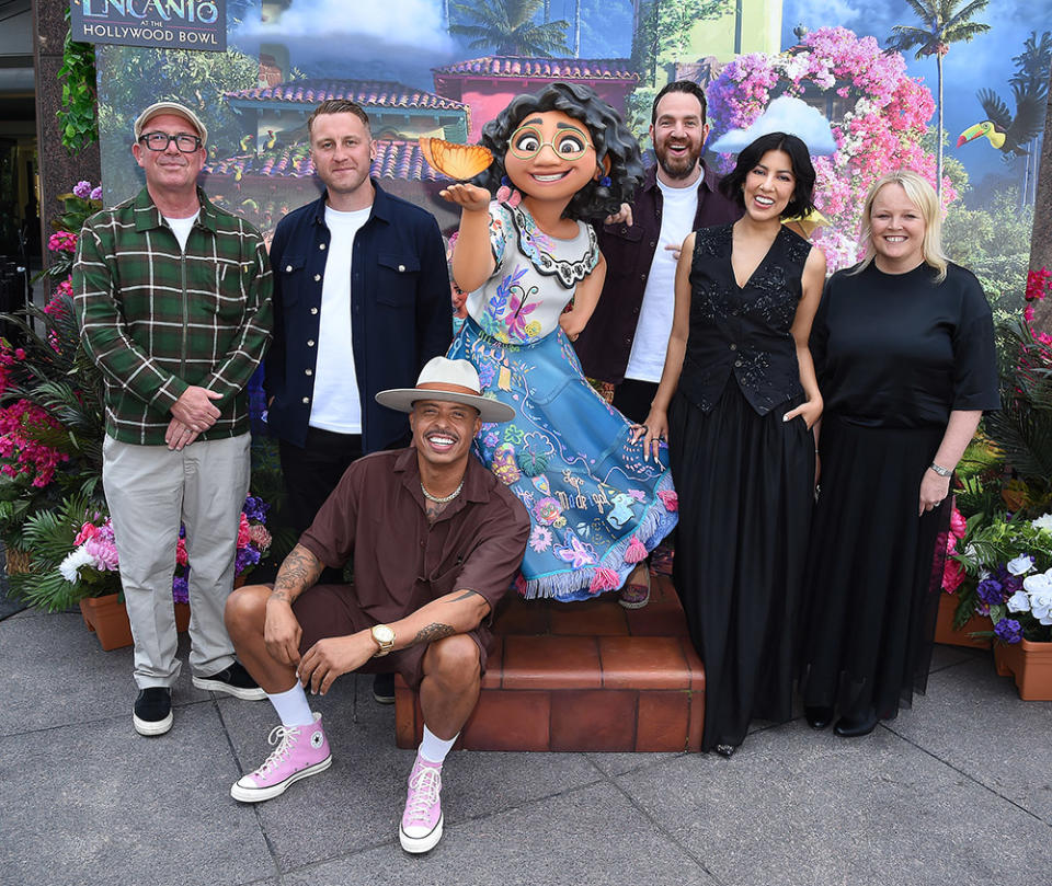 (L-R) Director Chris Howe, Tom Bairstow, Projection, Screen Design, and Broadcast Graphics, Choreographer Jamal Sims, Executive Producer Gabe Turner, Stephanie Beatriz, and Executive Producer and Showrunner Sally Wood attend the Disney FYC Fest event for Disney+’s “Encanto at the Hollywood Bowl”at the DGA Theater on June 3, 2023 in Los Angeles, California.