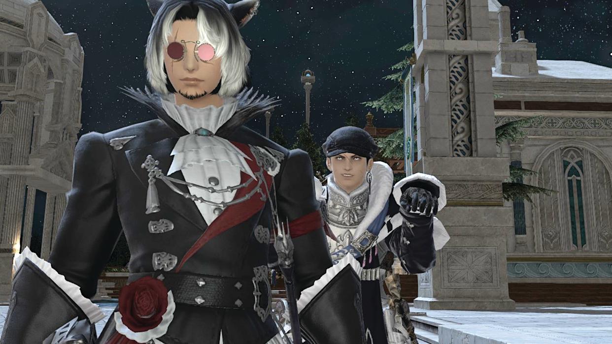  Screenshot of 2 Final Fantasy 14 characters in black after a long political debate. 