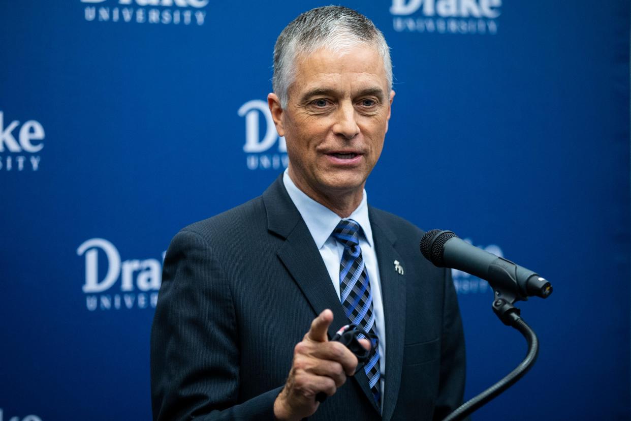 Drake University President Marty Martin introduces Terry Branstad, former U.S. ambassador to China and governor of Iowa, as the university's ambassador-in-residence.