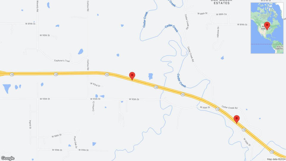 A detailed map that shows the affected road due to 'Lane on K-10 closed in De Soto' on July 3rd at 11:26 a.m.