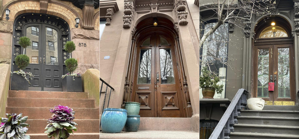 This combination photo shows planters placed on the stoop of homes in New York. Front stoops have long welcomed visitors to city homes, and have served as gathering spots for friends and neighbors engaging in what urban design activist Jane Jacobs called “the sidewalk ballet.” (Kate Cook via AP)