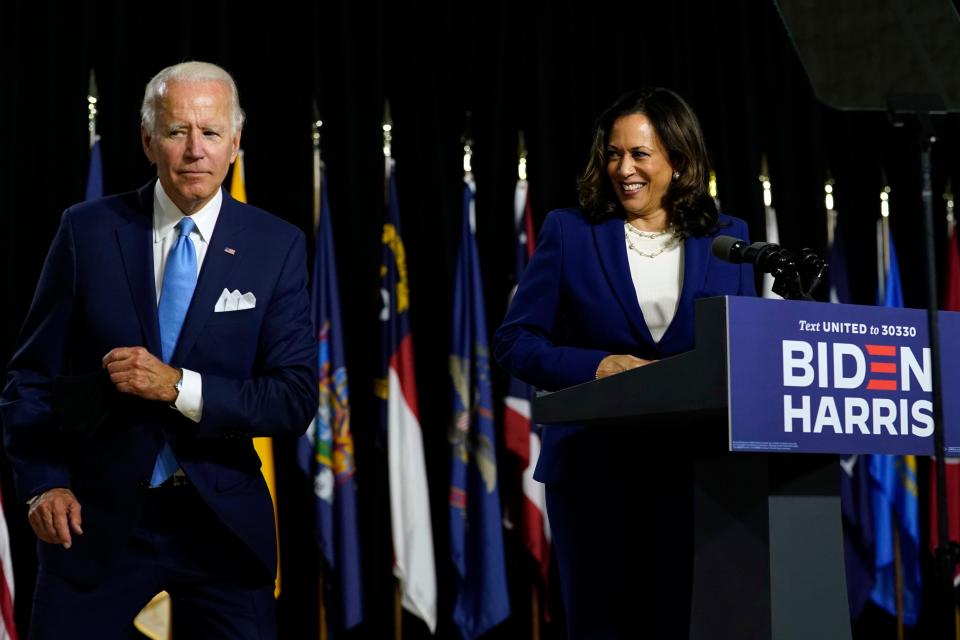 Running mates Joe Biden and Kamala Harris in Wilmington, Del., on Aug. 12, 2020.