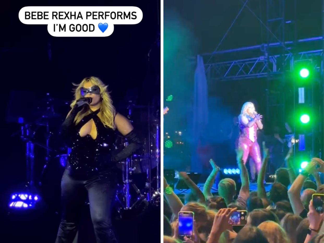 Bebe Rexha performing with safety goggles; Bebe Rexha performing before getting hit with a cellphone.