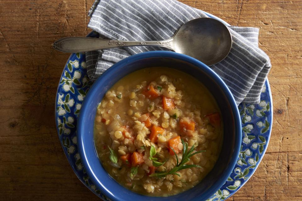 Greek lentil soup with toasted pita