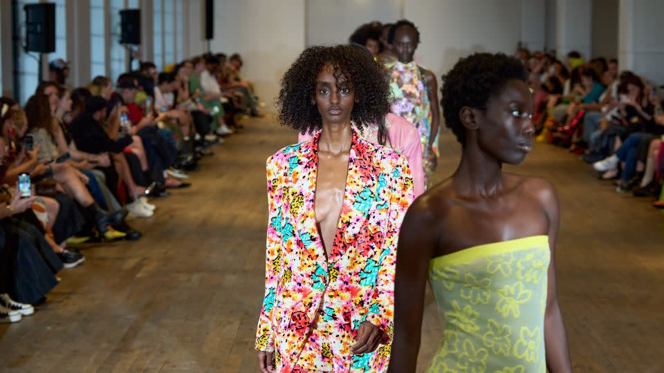 Colin Locascio's bright, punchy, hyper-floral collection experimented with the texture and form of suits and gowns. - Courtesy Colin Locascio