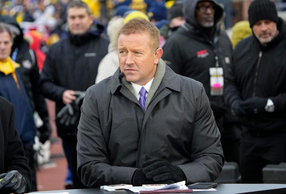 Former Ohio State Buckeyes quarterback Kirk Herbstreit sits on the set of ESPN College GameDay prior to the NCAA football game between the Michigan Wolverines and the Buckeyes at Michigan Stadium in Ann Arbor on Monday, Nov. 29, 2021. 