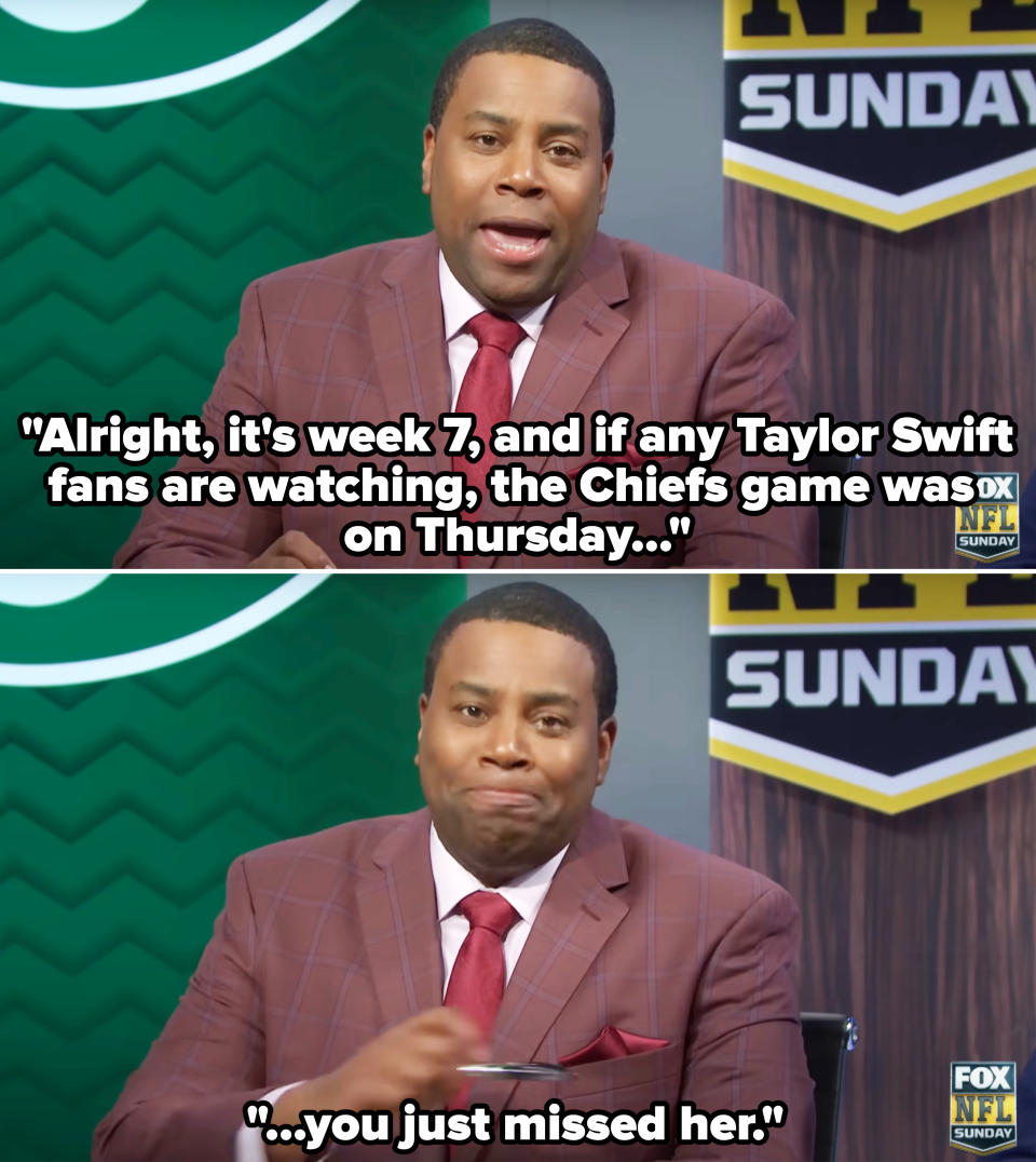 Kenan Thompson saying "Alright, it's week 7, and if any Taylor Swift fans are watching, the Chiefs game was on Thursday — you just missed her"