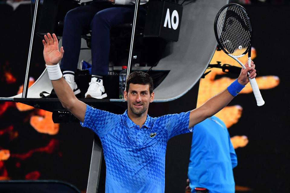 Novak Djokovic (pictured) celebrates after winning his first round match at the Australian Open.