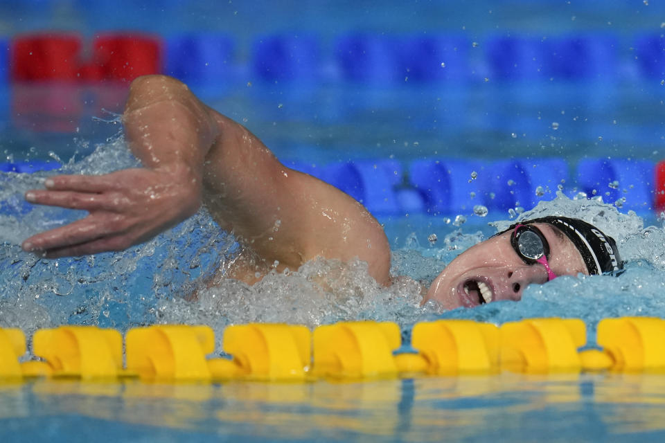 Paige Madden of the United States swims to win the gold medal in women's 400-meters freestyle at the Pan American Games in Santiago, Chile, Saturday, Oct. 21, 2023. (AP Photo/Fernando Vergara)