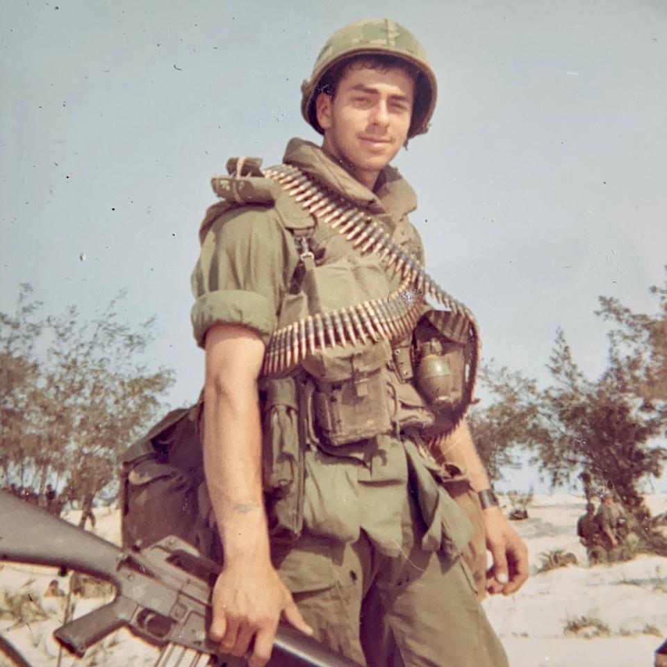 Bert Guarnieri of North Providence carried an M-60 machine gun for most of his Vietnam tour with the 1st Cavalry Division. He was assigned to the famed Seventh Cavalry, General Custer’s old unit. Ammunition belts for the M-60 are strung over his shoulders.