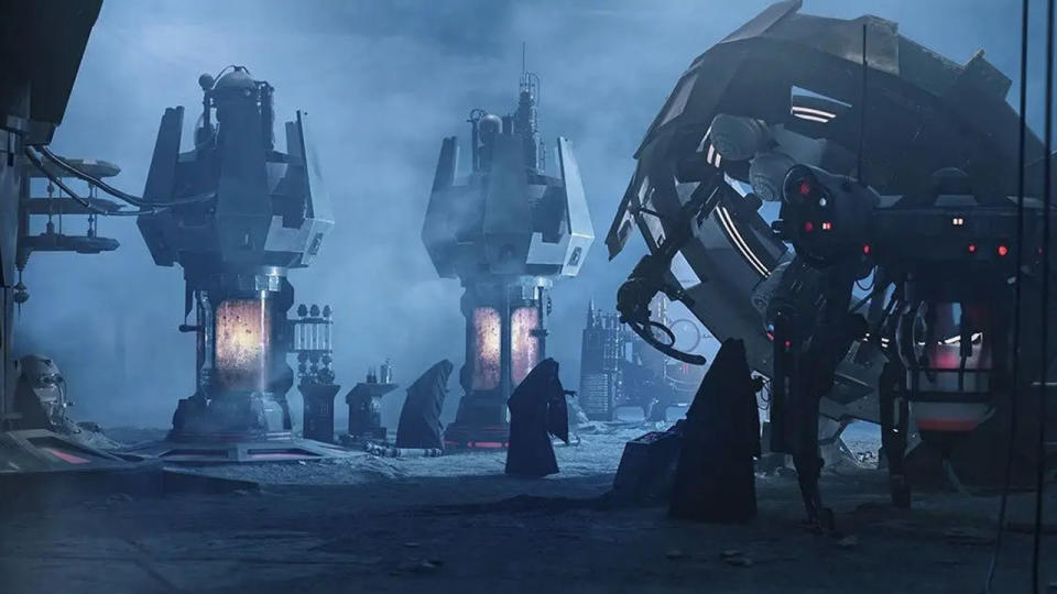 Several figures cloaked in black robes sneaking amongst some futuristic looking machinery.