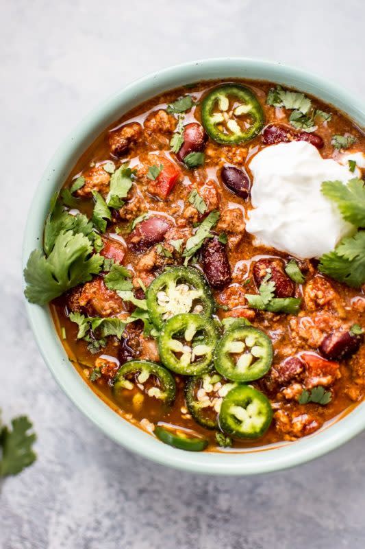 <p>Salt and Lavender</p><p>Whether you need a break in routine or you want to try to eating less meat, you can turn to this crock pot turkey chili. Make sure to load it up with your favorite toppings. </p><p><strong>Get the recipe: <a href="https://www.saltandlavender.com/crockpot-turkey-chili/" rel="nofollow noopener" target="_blank" data-ylk="slk:Crock Pot Turkey Chili;elm:context_link;itc:0;sec:content-canvas" class="link ">Crock Pot Turkey Chili</a></strong></p>