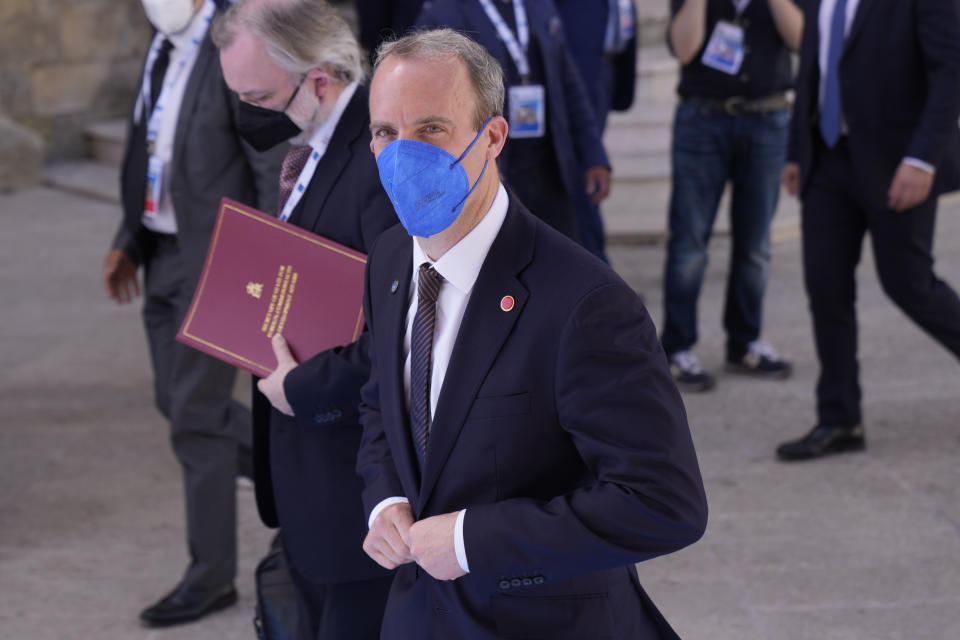 British Foreign Secretary Dominic Raab arrives in Matera, Italy, for a G20 foreign affairs ministers' meeting Tuesday, June 29, 2021.(AP Photo/Antonio Calanni)