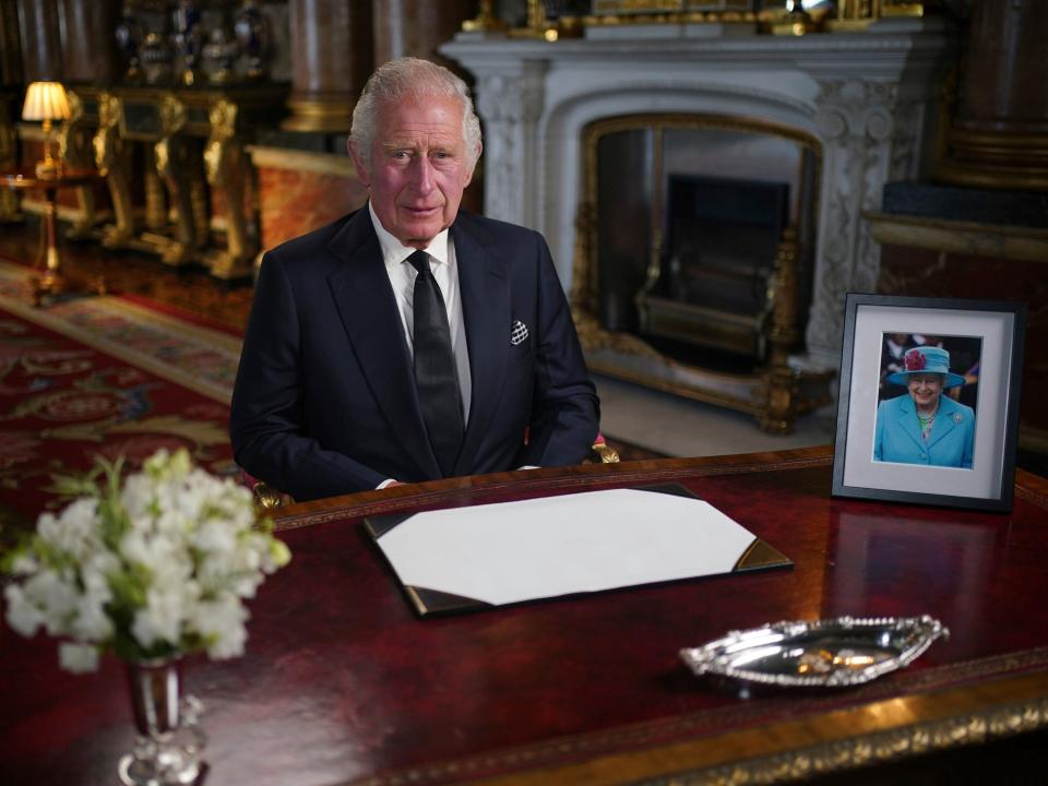 Britain's King Charles III delivers his address to the nation and the Commonwealth from Buckingham Palace, London, Friday, Sept. 9, 2022, following the death of Queen Elizabeth II on Thursday.