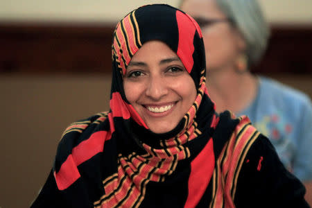 Nobel Peace Prize winner Tawakkol Karman of Yemen smiles during a news conference as part of the Nobel Women's Initiative to gather a first-hand account of the ongoing violence against women land defenders, in Tegucigalpa, Honduras, October 24, 2017. REUTERS/Jorge Cabrera/Files