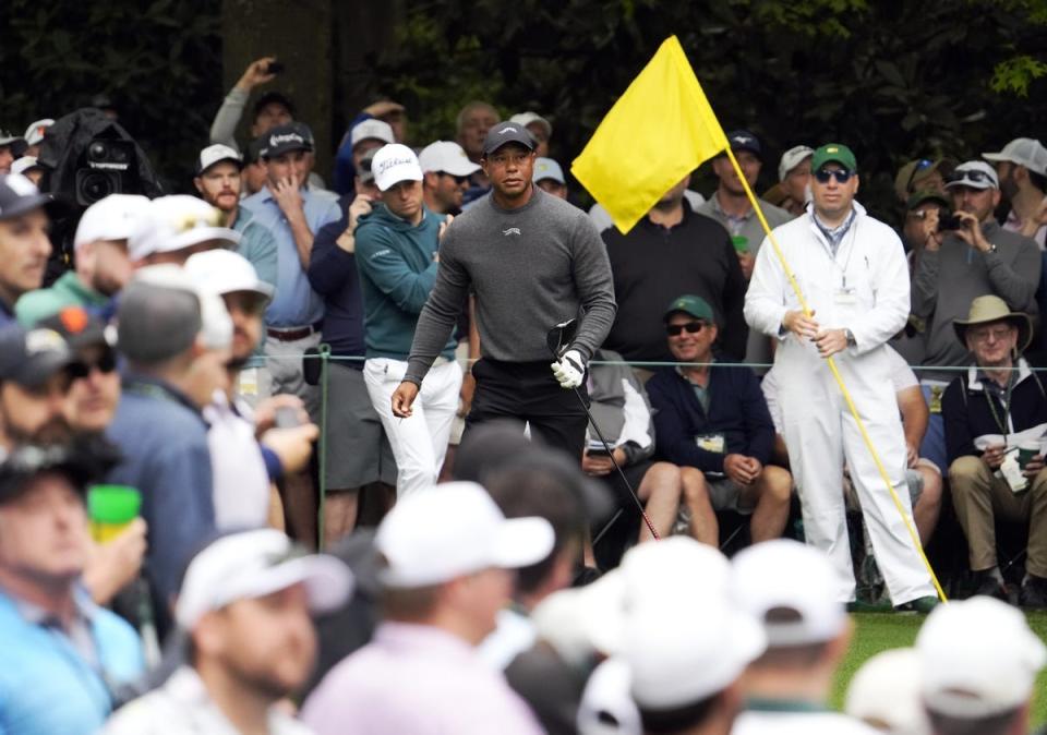 Tiger Woods watches his drive on No. 7 during a practice round for the 2024 Masters Tournament at Augusta National Golf Club. (Photo: Rob Schumacher-USA TODAY Sports)