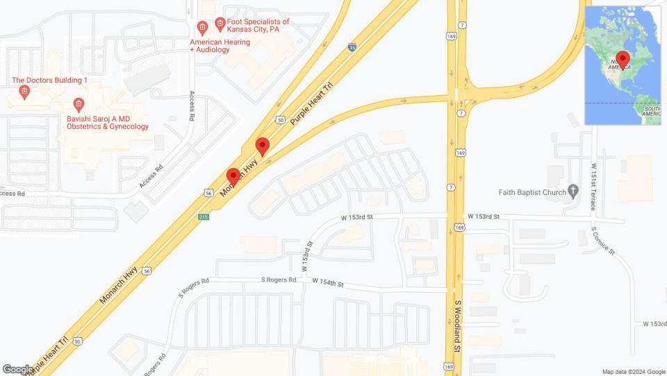 A detailed map that shows the affected road due to 'Broken down vehicle on eastbound I-35 in Olathe' on July 25th at 6:02 p.m.