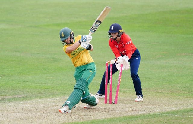 South Africa’s Laura Wolvaardt, left, is bowled by Katherine Brunt, not pictured