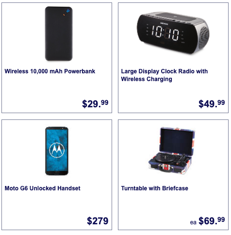 Powerbank, smartphone, clock radio and turntable, which are all Aldi Special Buys for August 15.