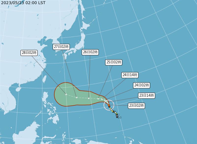 氣象局預估今明兩日瑪娃有機會發展為今年第一個強颱，且是對台影響關鍵時間點。（圖／中央氣象局）
