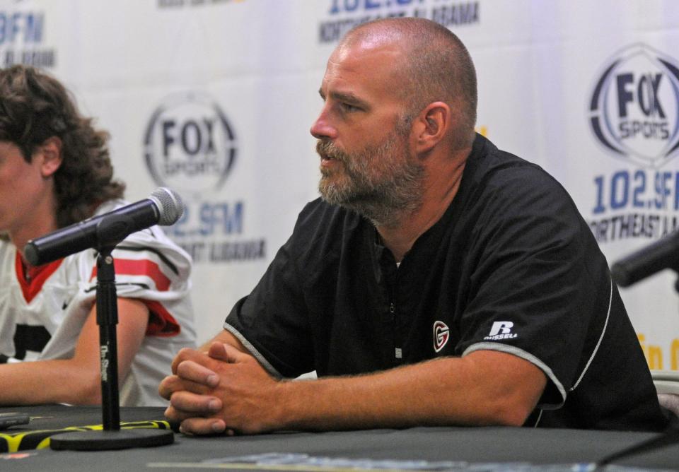 Gaston coach Matt Harris speaks to the media at the 2021 Etowah County Football Media Day, presented by WQSB at the Downtown Civic Center on Tuesday, July 27, 2021.