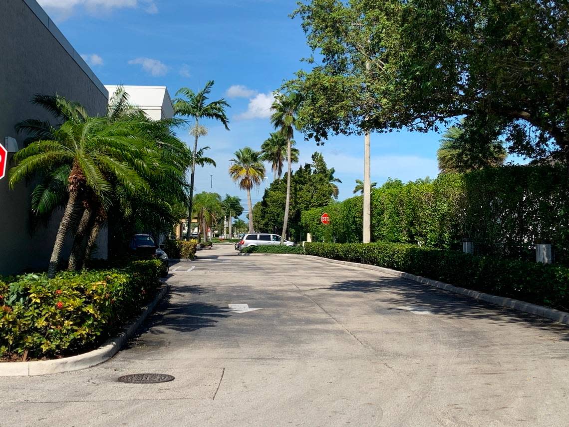 The area on the east side of the Plaza Alegre strip mall and, in the distance, the east side of a Wells Fargo branch, which is closed on the weekends. The teen Publix worker said she was driven to part of the Plaza Alegre parking lot and raped.