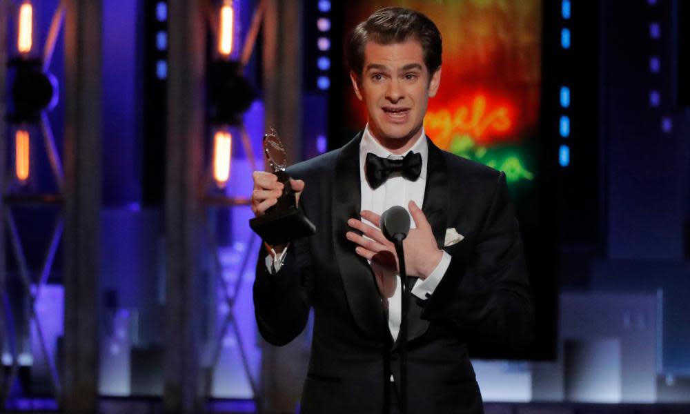 Andrew Garfield accepts the best performance by an actor in a leading role in a play award for Angels in America.