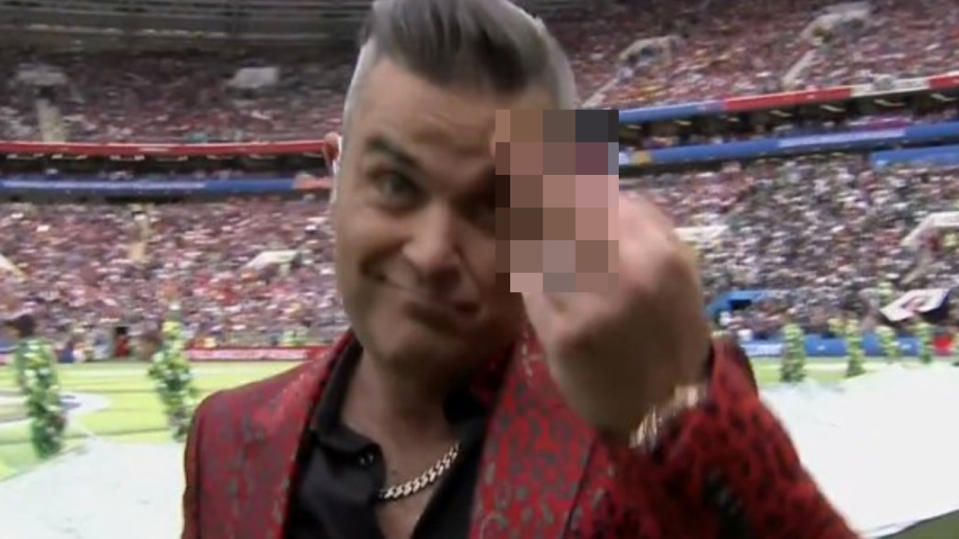 Robbie Williams gave the middle finger during his World Cup performance. Source: Fox