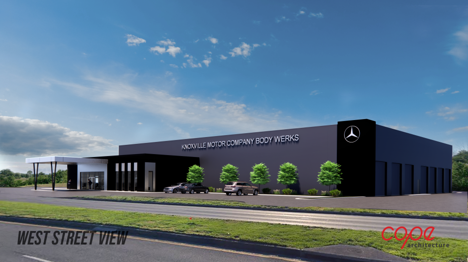 A rendering of the new Knoxville Motor Company BodyWerks collision repair center opening this fall. Parent company Furrow Automotive is investing $17 million in the collision repair center and a new Land Rover dealership.