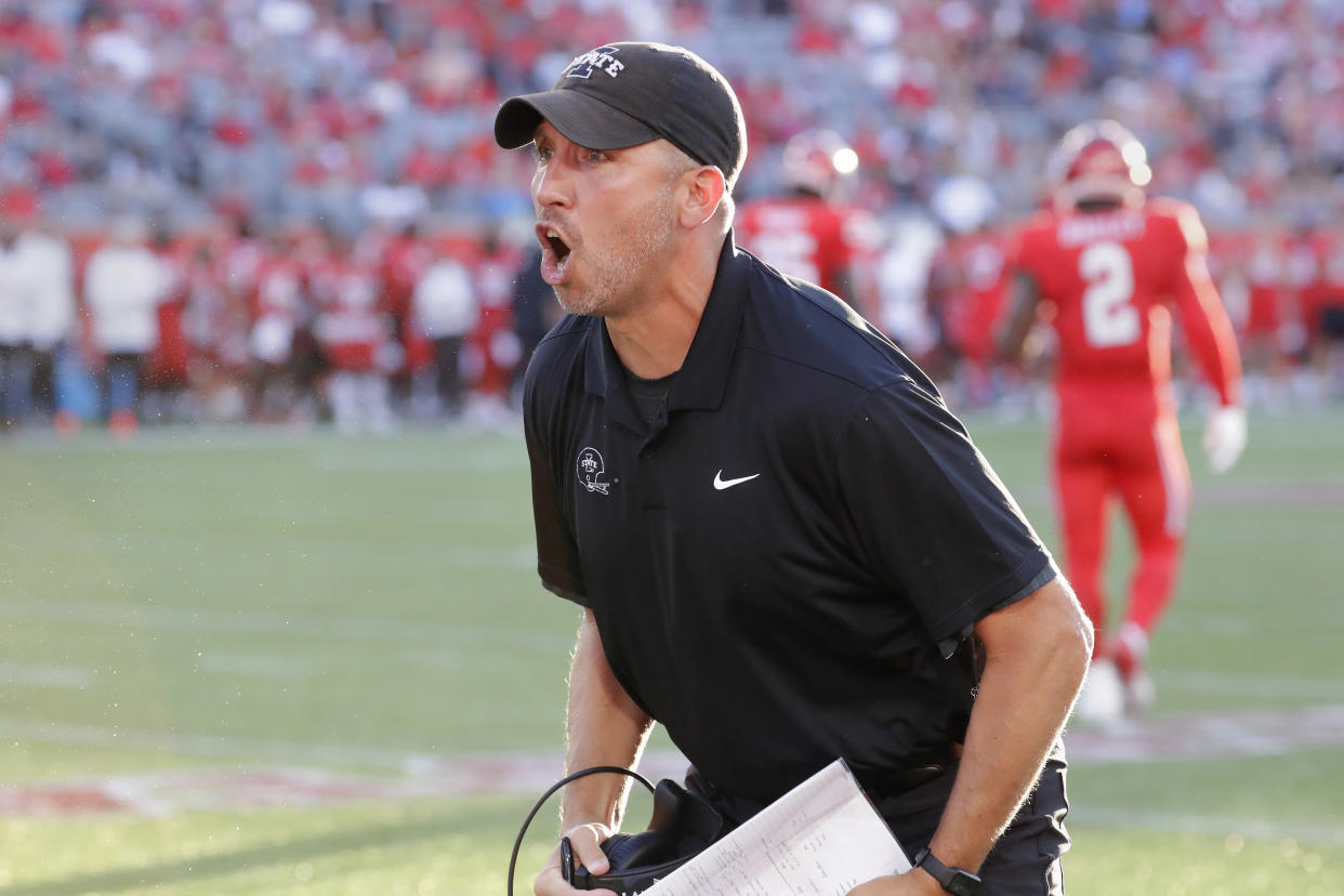 Iowa State head coach Matt Campbell protests a call during the first half of an NCAA college football game against Houston, Saturday, Sept. 28, 2024, in Houston. (AP Photo/Michael Wyke)