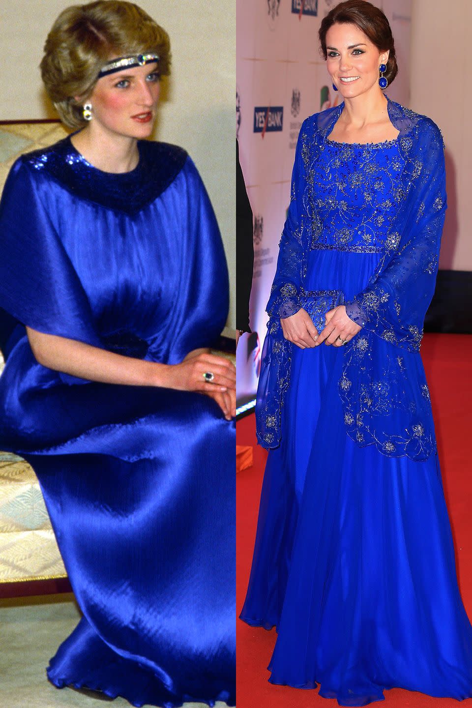 <p>Diana in Yuki before a dinner in Japan in May 1986; Kate in Jenny Packham at a Bollywood gala in Mumbai, India in April 2016.</p>