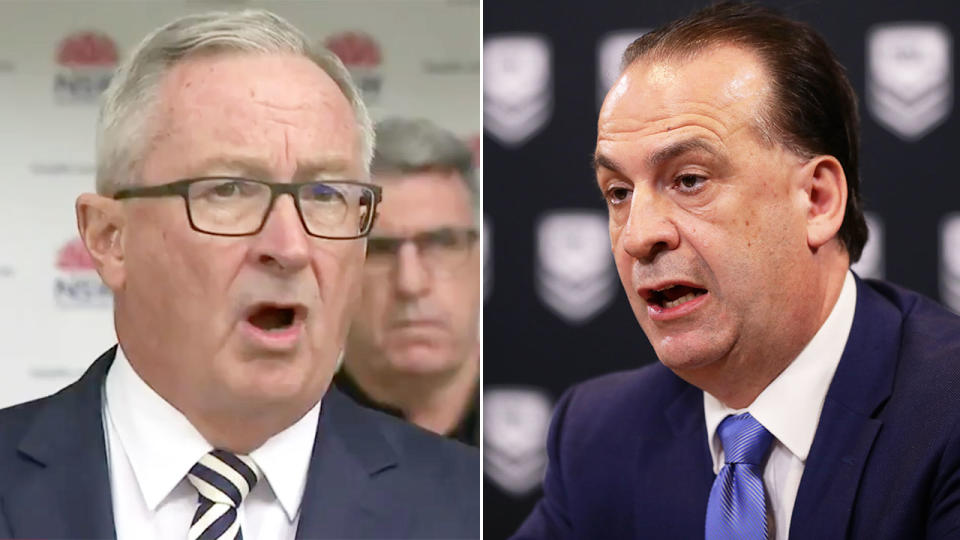 NSW Health Minister says the last time he spoke to the NRL about its plans for the season was weeks ago. Pic: Ch9/Getty