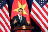 <p>U.S. President Barack Obama delivers a speech during a press conference in Hanoi, Vietnam, Monday, May 23, 2016. Obama on Monday lifted a decades-old arms export embargo for Vietnam during his first visit to the communist country, looking to bolster a government seen as a crucial, though flawed partner even as he pushes for better human rights from the one-party state. (Luong Thai Linh, Pool Photo via AP) </p>