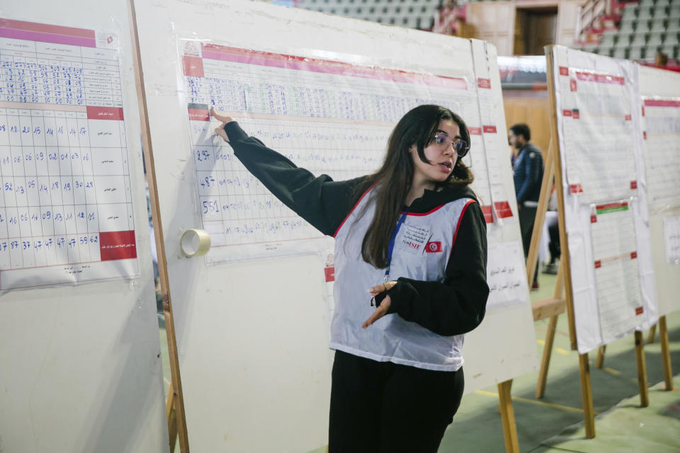 Members of the Independent Higher Authority for Elections count the votes one day after the parliamentary elections in Tunis, Tunisia, Sunday, Dec. 18, 2022. (AP Photo/Hassene Dridi)