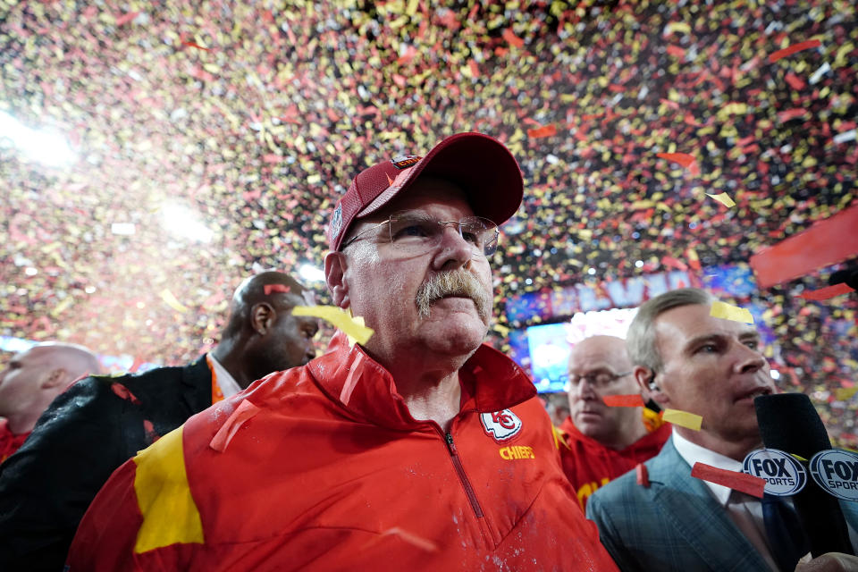 Kansas City Chiefs head coach Andy Reid is interviewed after the NFL Super Bowl 57 football game against the Philadelphia Eagles, Sunday, Feb. 12, 2023, in Glendale, Ariz.  The Kansas City Chiefs beat the Philadelphia Eagles 38-35.  (AP Photo/Brynn Anderson)