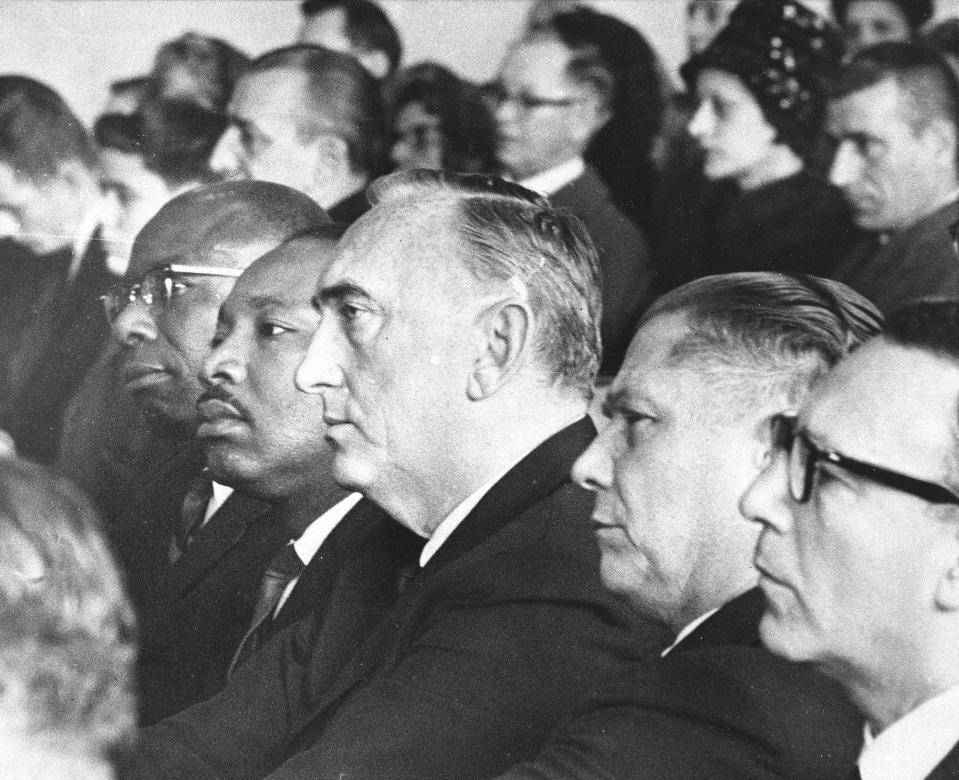 Attending rites for Viola Liuzzo in Detroit on March 30, 1965, are Martin Luther King Jr., second from left, Harold Gibbons, of St. Louis, a member of the executive board of the Teamsters Union, and James Hoffa, president of the Teamsters.