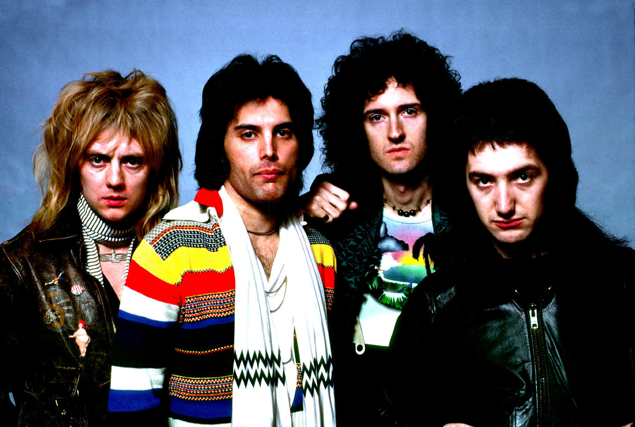 Photo of Queen; Roger Taylor, Freddie Mercury, Brian May, John Deacon, posed group portrait (Photo by Richard E. Aaron/Redferns)