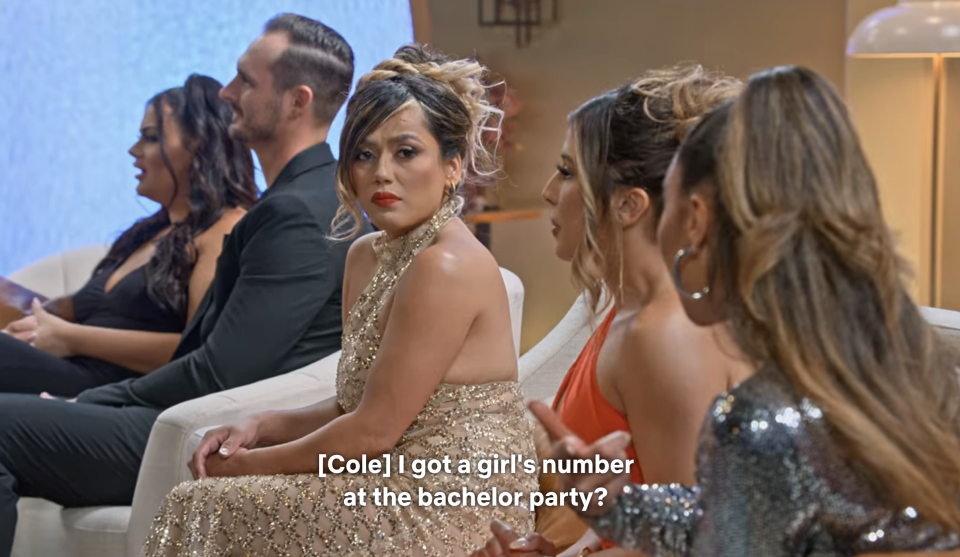Nancy looking in the camera with caption "[Cole] I got a girl's number at the bachelor party?"