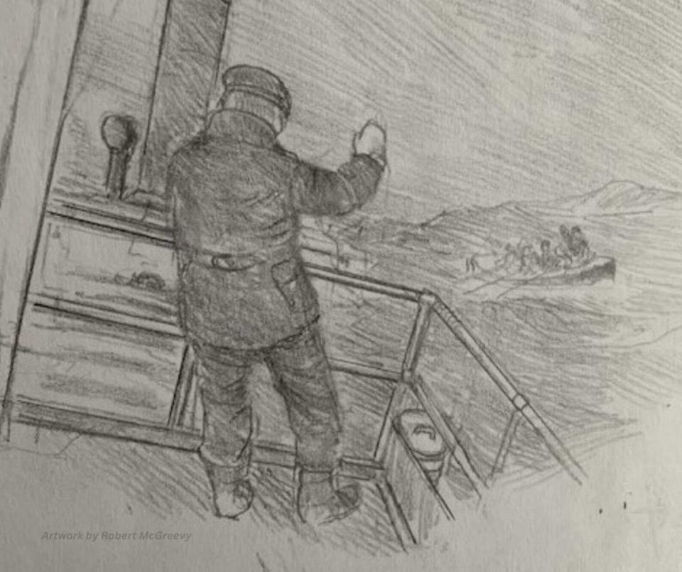 Illustration of Captain Burke going down with the Arlington.