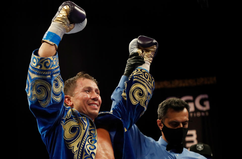 Golovkin actualmente ostenta las fajas de la IBF y de la IBO. Su pelea de unificación con el japonés Murata se pospuso por el arribo de la variante Ómicron. (Photo by Cliff Hawkins/Getty Images)