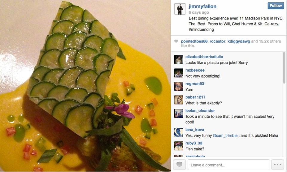 We're so jealous of Jimmy Fallon. This Eleven Madison Park meal looks divine.