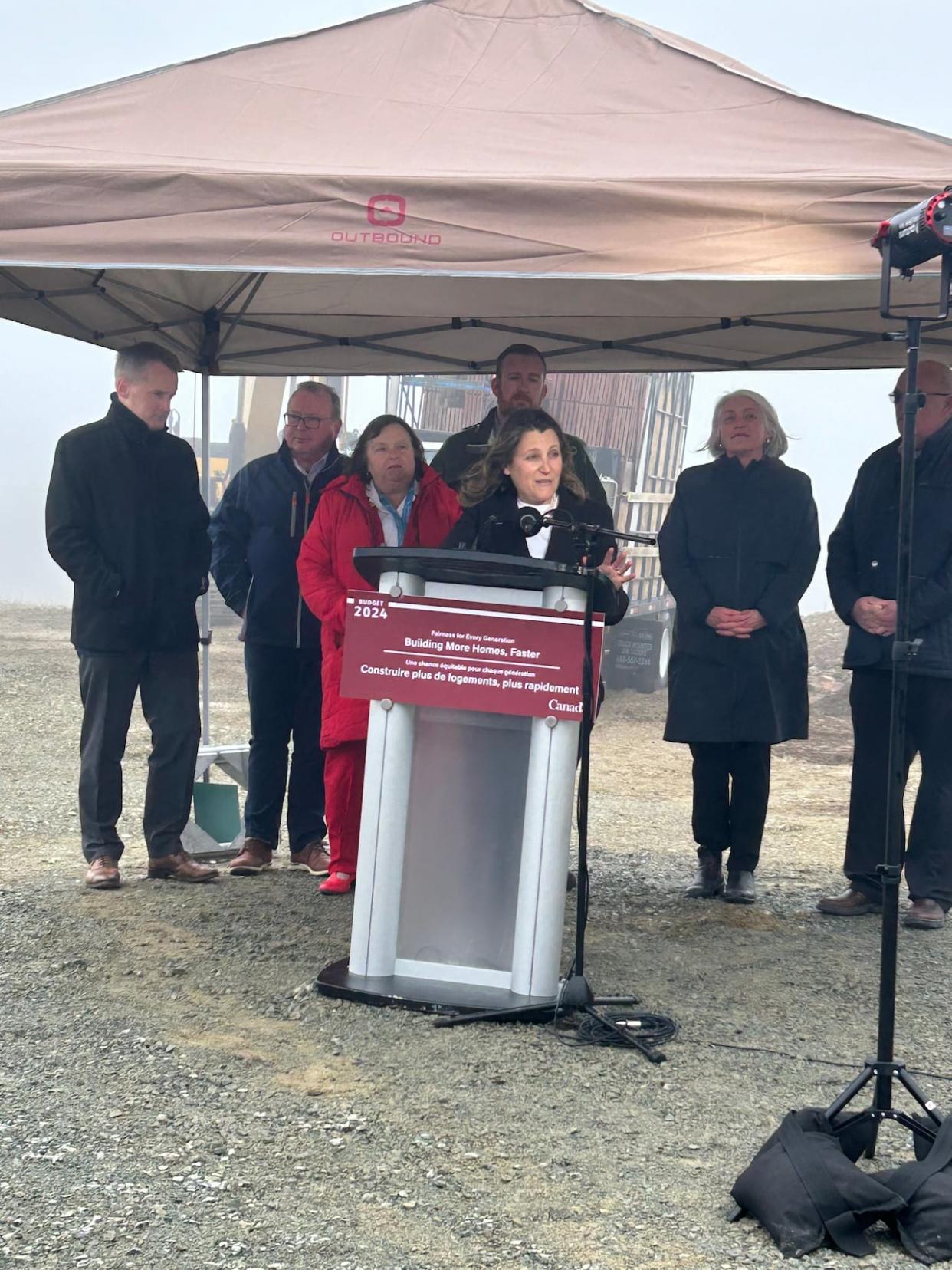 Deputy Prime Minister Chrystia Freeland was in Mount Pearl Wednesday to tout housing investments in the federal budget. (Heather Gillis/CBC - image credit)