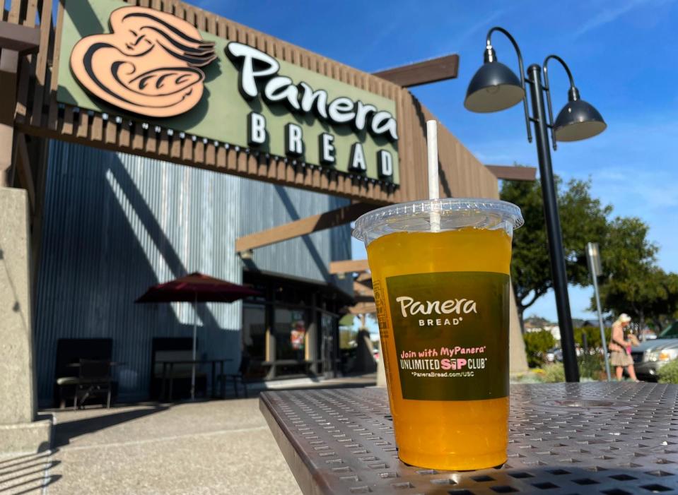 PHOTO: A Panera Bread mango yuzu citrus charged lemonade is displayed at a Panera Bread restaurant, Nov. 1, 2023 in Novato, Calif.  (Justin Sullivan/Getty Images)